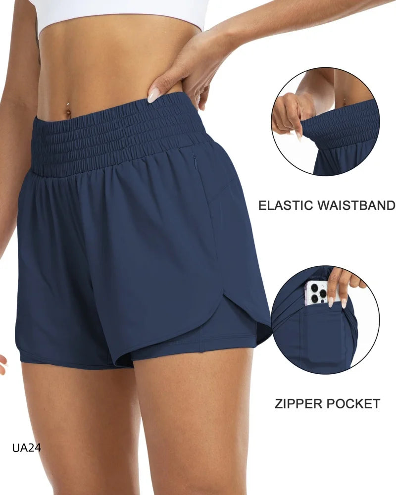 Women's High-Waisted 2-in-1 Quick-Dry Shorts with Zipper Pocket Elastic Waist for Workout Running Gym Yoga Fitness Sportswear